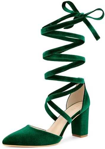 Allegra K Zapatos de tacón grueso con cordones de terciopelo para mujer, verde oscuro, 39 EU