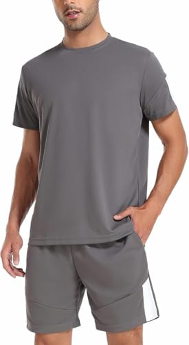 Litherday Completo Sportivo Uomo Estivo in Cotone con Maglietta a Manica Corta e Pantaloncini con Tasche per Jogging Palestra,Grigio,M