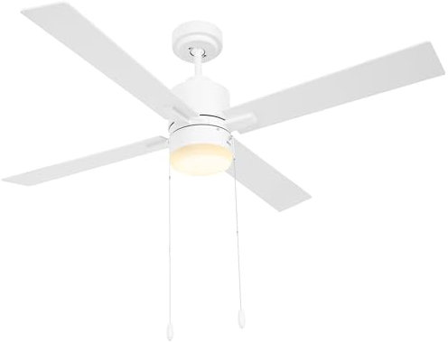 HOMCOM Ceiling Fan with Light, 130cm Flush Mount LED Ceiling Fan Light with 4 Reversible Blades, Pull-Chain Switch, for Bedroom Living Room, White and Natural Tone