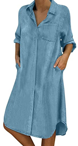 Skjortklänning dam långa jeans: Jeansklänning dam sommar knälång blusklänning långärmad festlig skjortklänning elegant tunika klänning A-linje midiklänning lätt och luftig