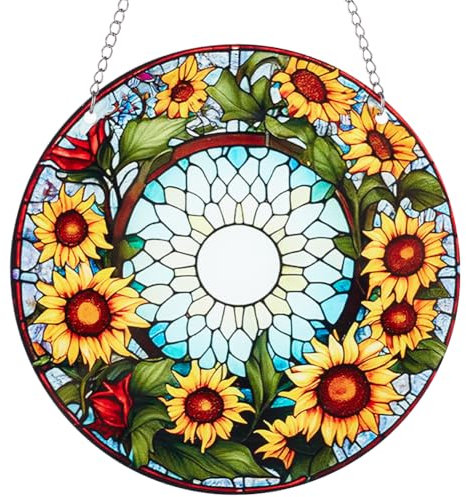 CREATCABIN Atrapasoles Colgantes Vidrieras Girasol,Conjunto Adornos Colgantes Acrílico Redondo,Panel con Cadena Hierro Anillos Salto,Decoración Del Hogar Verano,Regalo para Amantes las Plantas,15x15cm