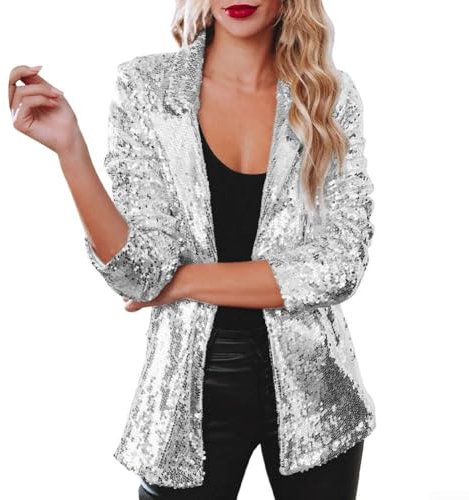 Nightclub Sequins Blazer, veste à paillettes scintillantes pour femme, manteau d'automne (taille L, argent)