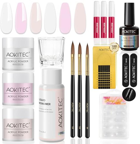 Aokitec Set di unghie in acrilico, trasparente, rosa nude, polvere acrilica con pennello acrilico liquido acrilico per unghie, gel acrilico per unghie, set acrilico per unghie, set di unghie