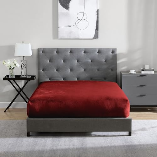 Cathay Home Queen Plush Fur Fitted Sheet - Ultra Soft & Thick Plush Fur - All Season Cozy Warmth - 12 Deep Pocket Fitted Sheet Only (Queen, Burgundy)