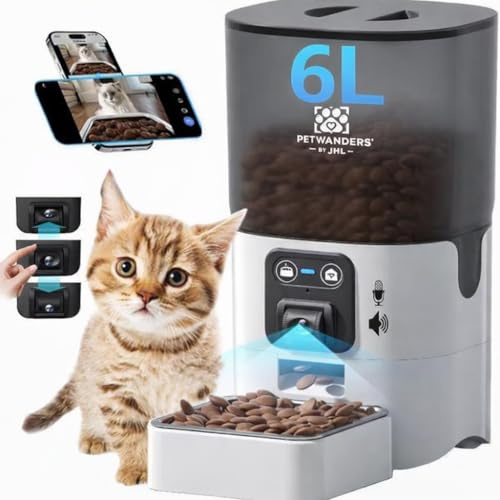 Comedero Gato Automático. Gatos, Perros, 6L. Control App, Cámara Ajustable privacidad. Dispensador de Alimentos con Voz. 15 días de Alimentación. Sistema Anti Bloqueo. hasta 50 Comidas día