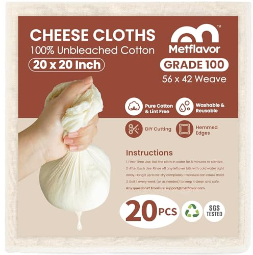 20Pcs Reusable Cheese Cloths 20x20 Inch, 100 Grade Cheese Cloth Hemmed 4 Edges, 100% Unbleached Cotton Cheesecloth for Cooking, Muslin Cloth Strainer for Baking, Juicing, Cheese, Crafts Making