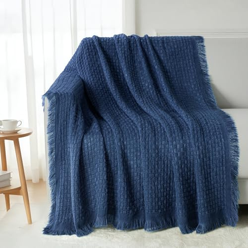 Exclusivo Mezcla Manta Tejida de Punto con Flecos para Sofá, Ligera,Transpirable y Fresca para Verano, Manta Cama de Aire Acondicionado, Lavable a Máquina, 130x150 cm, Azul Marino