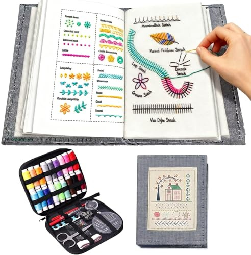 Kit de libro de puntos de bordado DIY, libro guía portátil de puntos de costura y bordado con instrucciones, mini kit de costura con aguja e hilo, para principiantes, adultos y amantes de las