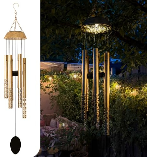Gadgy Carillón de Viento Solar con Melodía – Campanillas de Viento LED para Exterior en Aluminio y Madera – Decoración de Jardín con Iluminación Solar Automática Impermeable