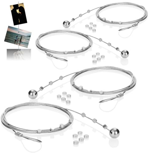 com-four® set da 4 fili porta foto con 48 magneti, cavo metallico da 2 metri per appendere foto, cartoline e appunti