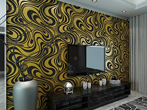 KeTian Moderne Wandtapete abstrakte 3D-Kurven, Vlies-Beflockungs-Streifen, für Wohnzimmer und Schlafzimmer, Tapetenrolle Schwarz/goldfarben, 0.7m (2.29' W) x8.4m(27.56' L)=5.88m2 (63.11sq.ft)