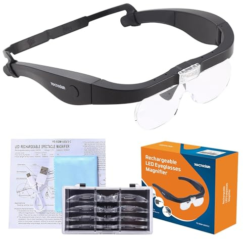 YOCTOSUN Rechargeable Magnifying Glasses, Head Magnifier Glasses with 2 LED Lights and Detachable Lenses 1.5X, 2.5X, 3.5X,5X, Best Eyeglasses Magnifier for Reading and Hobby