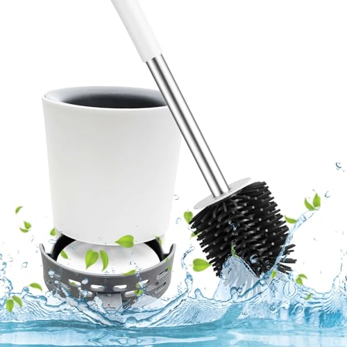 Toilet Brush with Drainage Holder Set,Flex Silicone Anti-Clog Anti-Drip Brush Head, White/Grey Colour with Stainless Steel Handle, 1-Pack with Diatomite Drying Pad