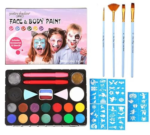 MBW 25 tlg Kinderschminke Set 16 Bodypainting Farben inkl Pinsel + Tattoo Vorlagen + Schwämmchen uvm. Kinder Schminke Fasching Halloween Karneval