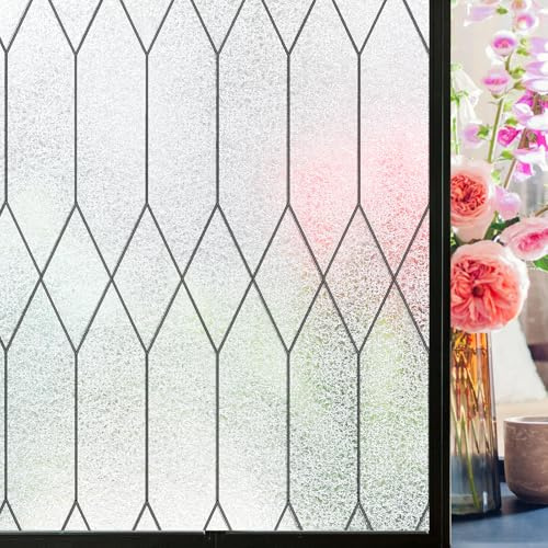 Windimiley Window Privacy Film Stained Glass Static Clings, Bathroom Frosted Leaded Decorative Window Stickers, UV Heat Blocking Opaque Removable for Home Door Coverings (17.5 x 78.8in,Pure)