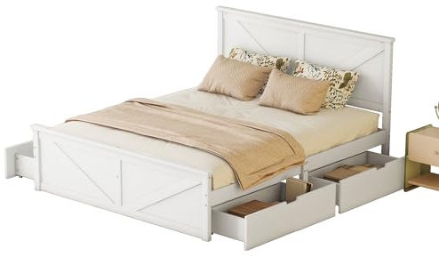 Azkoeesy 160 x 200 cm, letto con 4 cassetti e rete a doghe, letto matrimoniale con vano portaoggetti e testiera, in legno di pino, max 250 kg (bianco)