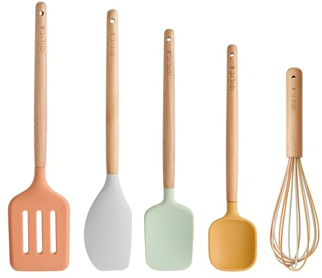 KitchenCraft Idilica silikonverktygssats, 5 st köksredskap med FSC bokträhandtag, köksverktyg i flera färger