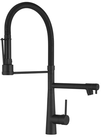 TIMACO Grand robinet de cuisine à ressort en spirale, 56,8 cm, 360°, pivotant, avec deux becs, robinet de cuisine et buse à main, haute pression, noir