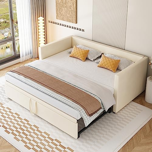Dolamaní Cama de Día 90/180 x 200 cm Con Invitados, Nido de la Misma Altura, Extensible a Doble, Sofá Para Adultos 2 Personas (Beige)
