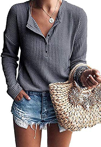 WNEEDU Pull Femme à Manches Longues en Tricot Gaufré Tunique T-Shirt Chemise Henley Décontracté Col V avec Boutons | Col en V, boutons, doux et confortable, coupe ample, épaules tombantes, haut basique, tunique décontractée pour le printemps