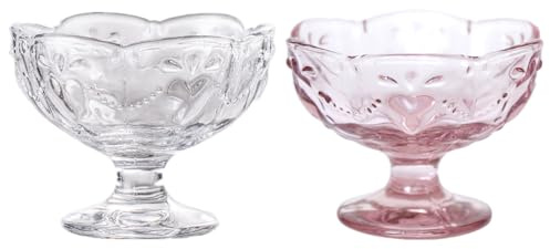 OnePine uppsättning av 2 glasglassskålar med fot, 140 ml dessertskålar i glas, desserttallrikar, höjd 7 cm glas desserttallrikar för efterrätt, glass, sorbet, frukt och pudding, etc.