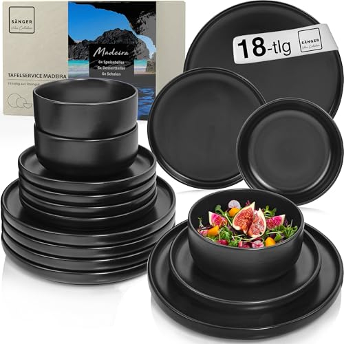 SÄNGER Madeira | Steingut Geschirr Set 18 tlg, Teller Set 6 Personen, Geschirrset 6x Speiseteller 6x Müslischalen 6x Dessertteller, Tafelservice schwarz kratzfest, Essgeschirr matt | VALUE COLLECTION