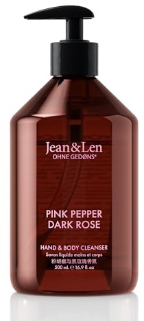 Jean & Len Hand and Body Cleanser Pink Pepper and Dark Rose, for a fragrant cleansing experience, body and hand soap in a minimalistic bottle, sensual floral fragrance, vegan, 500 ml