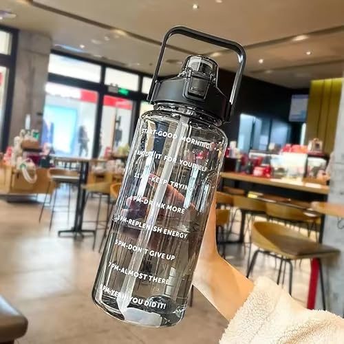 2 litre motivational water bottle 64oz, with time marker straw and handle for sports gym,office(black)