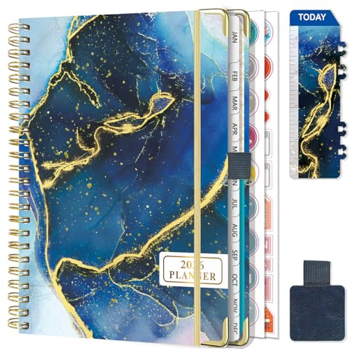 Gumiho Agenda Semainier 2026 Spirale - A5 Planner (Janvier-décembre 2026)-Agenda Scolaire Avec boucle de stylo,Règle Signet & Autocollants de plan (Bleu foncé)