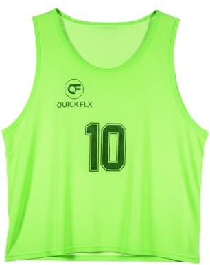QUICKFLX Trainingswesten Set – 10er Fußball Leibchen mit Nummern (1-10) für Kinder & Erwachsene – Atmungsaktive Trikots inkl. Schiedsrichterkarte (Hellgrün, Erwachsene)