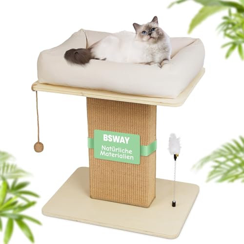 Premium Kratzbaum mit Katzenbett | EXTRA-Breite Kratzsäule aus Birkenholz | 25kg Belastbar & Dickes Sisal & Bio-Leinenkissen | Einfache Montage Katzenmöbel