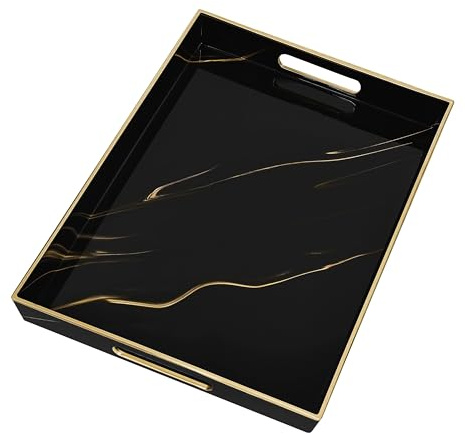 Serving Tray, Marble Plastic Food Trays for Eating on Lap Coffee Tray with Handles Rectangular Non-slip Candle Plate, 40x30x4 cm Large Drinks Platter for Kitchen/Living Room/Bedroom/Party