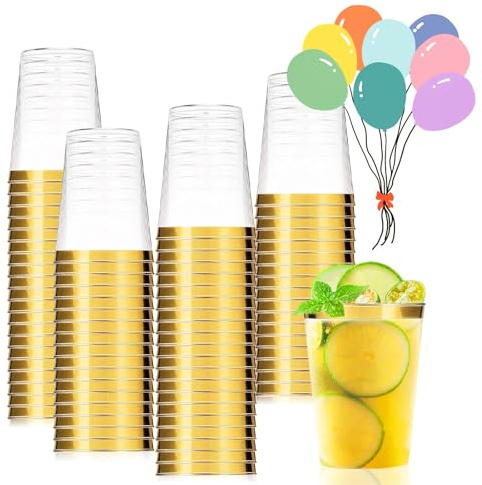 50 plastmuggar med metalliskt glänsande beläggning, 280 ml | PS, återanvändbara, eleganta vinglas för champagne, öl, cocktail, martin, soda dessert (guld)