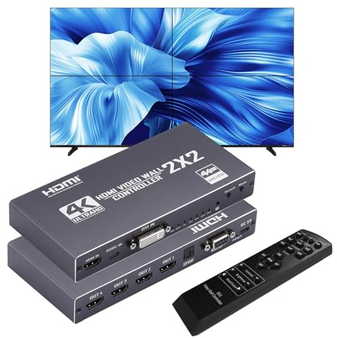 GKRONG Video Wall Controller 2 x 2, TV Wall Processor, 4K@30Hz HDMI Multi-Screen Splicing Processor med HDMI+DVI+USB C-ingång, stöd 9 visningslägen 2 x 2 1 x 2 1 x 3 2 x 1 3 x 1