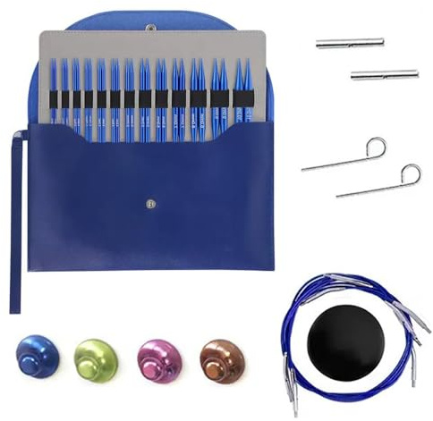 Set med rundstickor utbytbara – 13 par 3–10 mm med fodral och tillbehör – sticknålar set för nybörjare och vuxna – lätt att använda – professionellt sticktillbehör, present, champagne (blå)