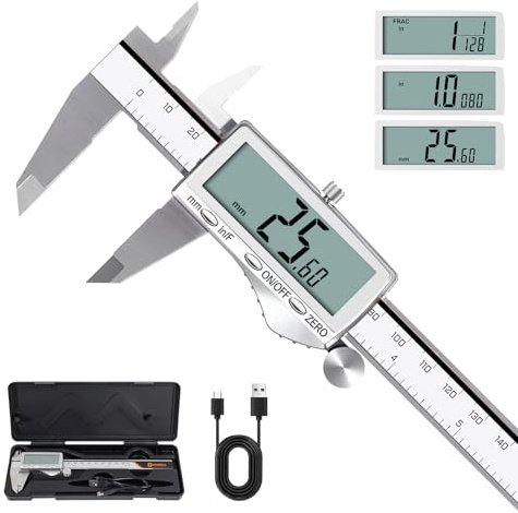 HARDELL Digital Caliper, Rechargeable Calipers with Large LCD Screen, Stainless Steel Caliper Measuring Tool, Auto-Off, Inch/MM/Fraction for DIY/Household/3D-printing