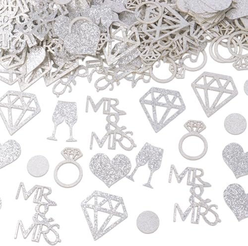 200Pcs Wedding Confetti, Silver Wedding Table Confetti Glitter Paper Diamond Ring Mr & Mrs Table Scatter Sprinkles for Bridal Shower Marriage Ceremony Valentine’s Day