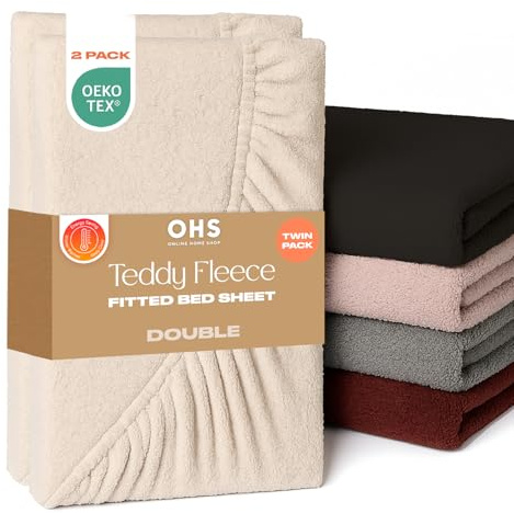 Brentfords 2 Pack Double Bed Sheets, Soft Warm Thermal Teddy Fleece Fitted Sheet Deep Pocket 25cm Fade Resistant Cuddly Cosy Fluffy Teddy Bear Bedding Double 2 Pack, Cream Beige