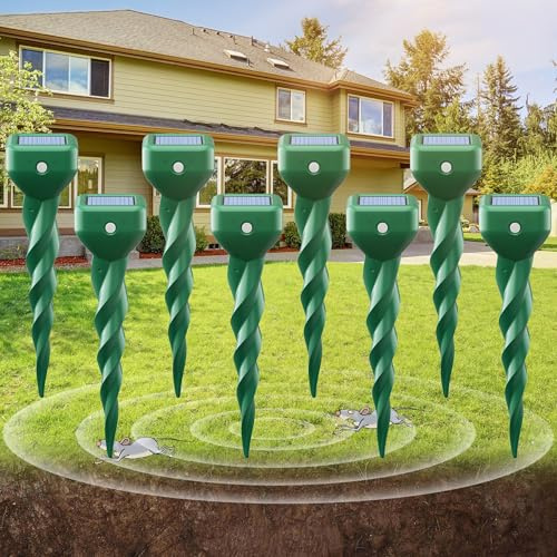 Juego de 8 ahuyentadores de topos, potente ahuyentador de roedores y topos solar para jardín, césped y parterres, resistente a la intemperie, IP67, apto para animales sin toxinas