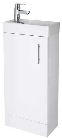 NUIE NVX192 Vault Modern Bathroom Single Soft Close Door Floor Standing Vanity Unit with 1 Tap Hole Ceramic Basin, 400mm, Gloss White, H: 781mm, W, D: 222mm, Set of 2 Pieces