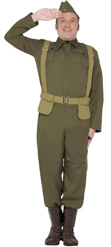 Smiffys Costume de soldat britannique de la 2ème guerre mondiale, pantalon, sur-chausse, veste, vasquette & ceinture harnais Halloween