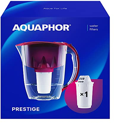 AQUAPHOR Wasserfilter Kanne Prestige Cherry inkl. 1 A5 Filter I Karaffe für 2,8l I Passt in die Kühlschranktür I Reduziert Kalk & Chlor I Tischwasserfilter I Praktische Filterkanne