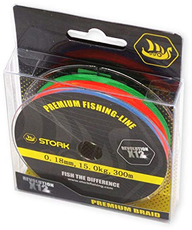 Stork Revolution, 12-Fach geflochtene Premium Angelschnur 300m (Multicolor, 15 kg / 0.18 mm)
