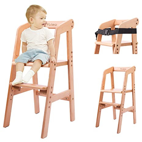 YOLEO High Chair Wooden for Toddlers Junior Childs, Sturdy Durable Dining Feeding Chair with Steps Grows with Child, Max 60kg (Natural Color)