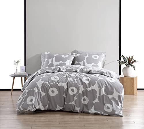 MARIMEKKO King påslakanset, bomullssängkläder med matchande örngott och bottenstängning, heminredning för alla årstider (Unikko grå, King)