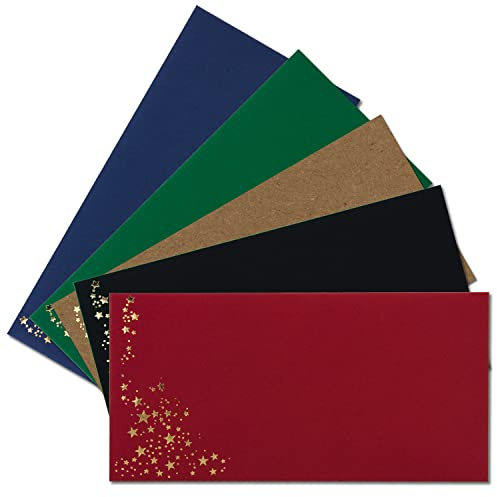 25x Briefumschläge mit Metallic Sternen - DIN Lang - Mix Set 10, Umschläge in Rot, Schwarz, Grün, Blau und Kraftpapier - mit Sternen in Gold
