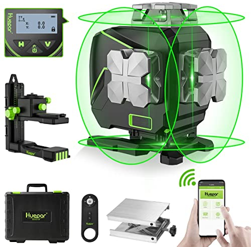 Huepar Niveau Laser Vert S04CG, Auto-Nivelant, Bluetooth, 4x360° Vert, Horizontale/Verticale, Télécommande & Étui de Transport