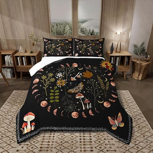Gothic Nature Tröster-Set für Kinderzimmer, Dekoration, Schmetterling, Motte, Blume, Pilz, rustikale Garten-Bettwäsche, Steppdecke, King-Size-Größe, Stern, Mond, Sonne, Boho-Stil, weiches Polyester,