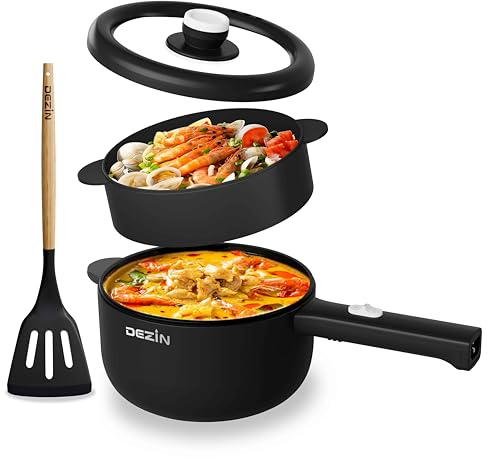 DEZIN Electric Cooker, 2L Non-Stick Sauté Pan, Rapid Noodles Cooker, Mini Pot for Steak, Egg, Fried Rice, Ramen, Oatmeal, Soup with Power Adjustment, College Dorm Room Essential(Egg Rack Included)