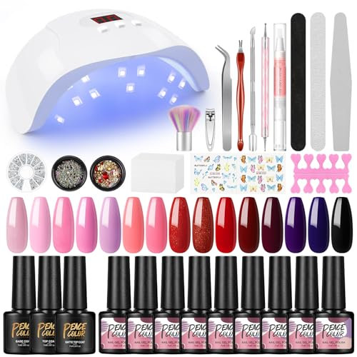 PEACECOLOR Kit Completo de Uñas de Gel 18 Esmaltes Semipermanentes y Lámpara de 36W para Manicura Soak off Gel de Color Rosa Nude Rojo Purpurina y Herramientas para Uñas